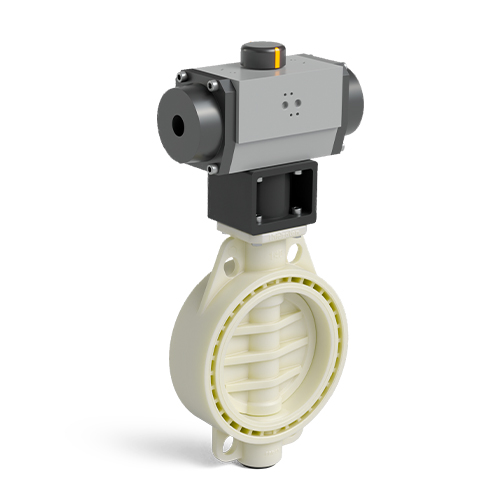 Cream colour PP-RCT Implex butterfly valve pneumatic actuator S/E